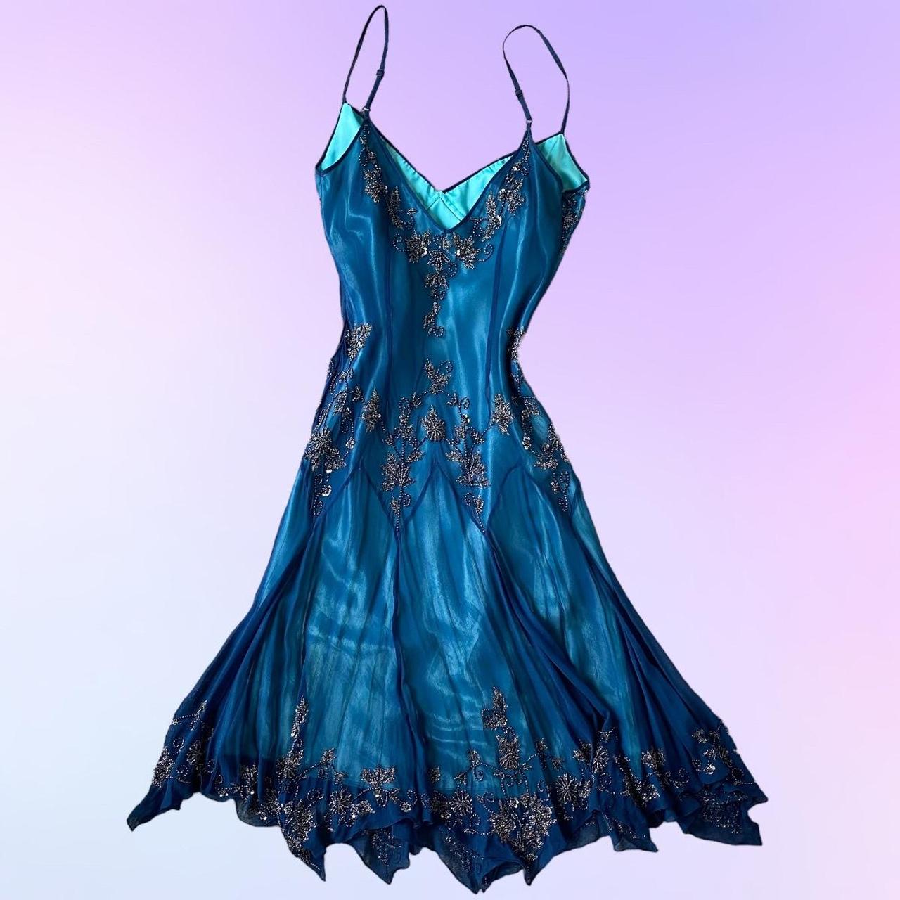 Dark blue gorgeous flowing vintage beautiful elegant delicate floral beaded spaghetti strap long chiffon ball gown evening dress party dress prom dress gh3903