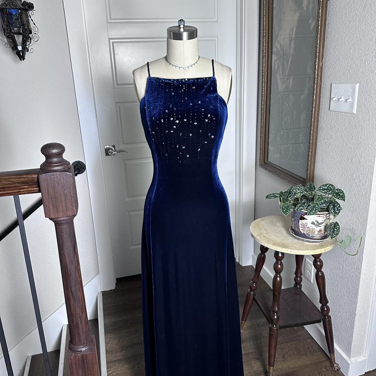 Dark Blue Vintage 90s Velvet Boat Neck Beaded Gown Long Prom Dress Evening Gown Party Dress gh4342