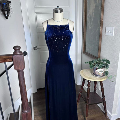 Dark Blue Vintage 90s Velvet Boat Neck Beaded Gown Long Prom Dress Evening Gown Party Dress gh4342