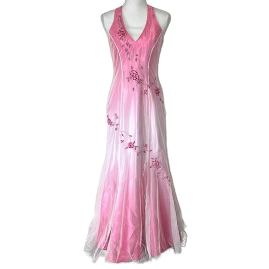 Pink Fashion Gradient Elegant V-neck Exquisite Floral Beading Backless Long Tulle Satin prom dress Evening Dress Party Dress gh3577