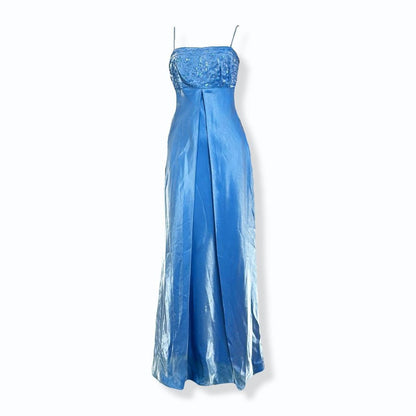Blue Beautiful Vintage Fairy Long Satin Tulle Gown Delicately Beaded Spaghetti Straps Prom Dress Evening Party Dress Prom Dress gh3893