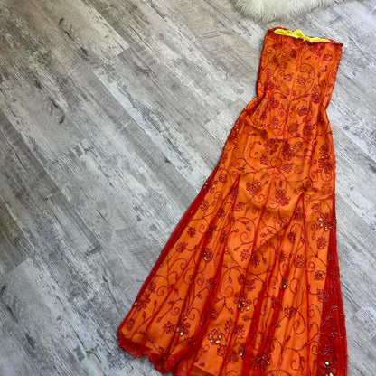 Beautiful Rare Vintage Orange Delicate Floral Sequin Beaded Backless Long Tulle Chiffon Ball Gown Evening Dress Prom Dress Birthday Party Dress gh3806