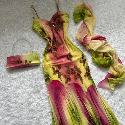 Pink Green Gradient Fashion Elegant Exquisite Beaded Spaghetti Strap Chiffon Long Ruffled Ball Gown Evening Dress Party Dress Prom Dress gh3620