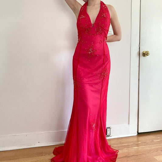 Vintage Fashion Playful and Sexy Bright Pink Deep V Delicate Floral Beaded Halter Long Satin Tulle Fairy Ball Gown Square Neck Prom Dress Evening Gown Birthday Party Dress gh3958