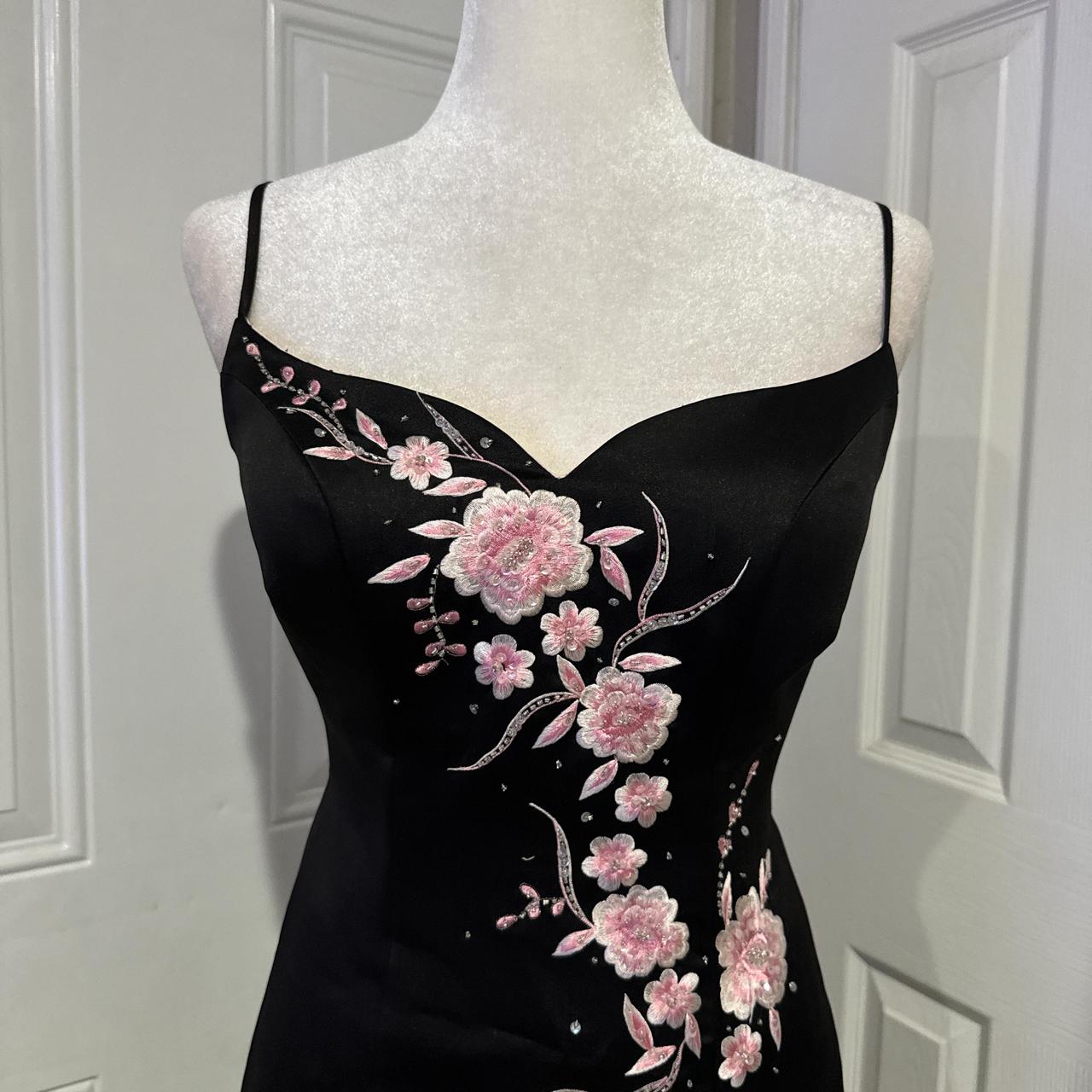 Black pink floral elegant long satin ball gown evening dress party dress gh4569