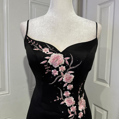 Black pink floral elegant long satin ball gown evening dress party dress gh4569