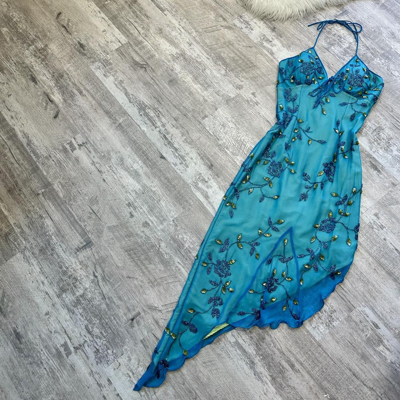 Blue Beaded Floral Long Chiffon Ball Gown Evening Gown Party Dress gh4310