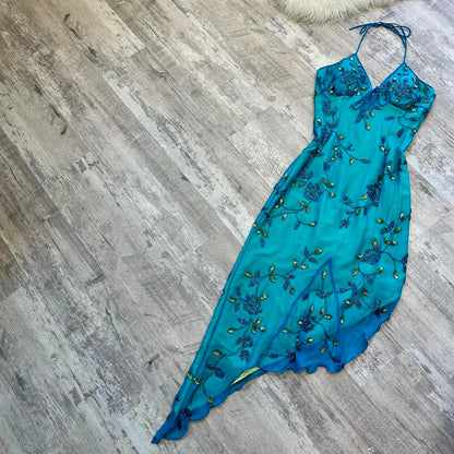 Blue Beaded Floral Long Chiffon Ball Gown Evening Gown Party Dress gh4310