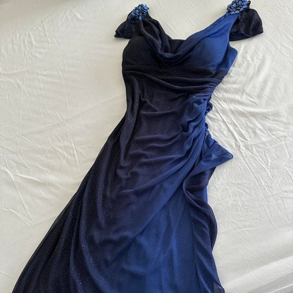 Dark Blue Ombre Stunning Sparkling Retro Fashion Stunning Elegant Delicate Rhinestone Long Chiffon Ball Gown Evening Gown Birthday Party Dress Prom Gown Graduation Gown gh3884