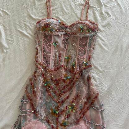 Pale Pink and Blue Flowing Vintage Fashion Mermaid Beaded Bodice Beaded with Sequins Beautiful Unique Glitter Elegant Long Chiffon Tulle Ball Gown Evening Gown Party Dress Prom Gown gh3881