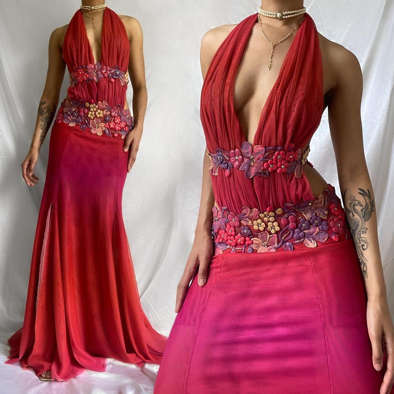 Red Elegant Floral V Neck Long Chiffon Ball Gown Evening Gown Party Dress gh4444