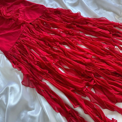 Red beautiful fashion unique elegant floral sling long chiffon tassel ruffle prom dress evening dress party dress gh3561