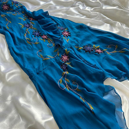 Indigo Gorgeous Flowing Vintage Beautiful Elegant Delicate Floral Beaded Spaghetti Straps Long Chiffon Tulle Ball Gown Evening Gown Party Dress Prom Gown gh3902