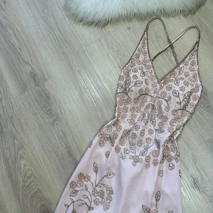 Stunning vintage pale pink fairy dress silver floral beading beautiful prom dress beaded dress y2k dress fairy dress homecoming dress wedding guest dress 2000s dress gh4513
