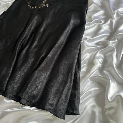 Black Vintage Glam Rock Unique Fashion Beautiful Elegant Exquisite Gold Stud Beads Long Satin Ball Gown Evening Gown Birthday Party Dress Prom Dark Fairy/Black Swan gh3914