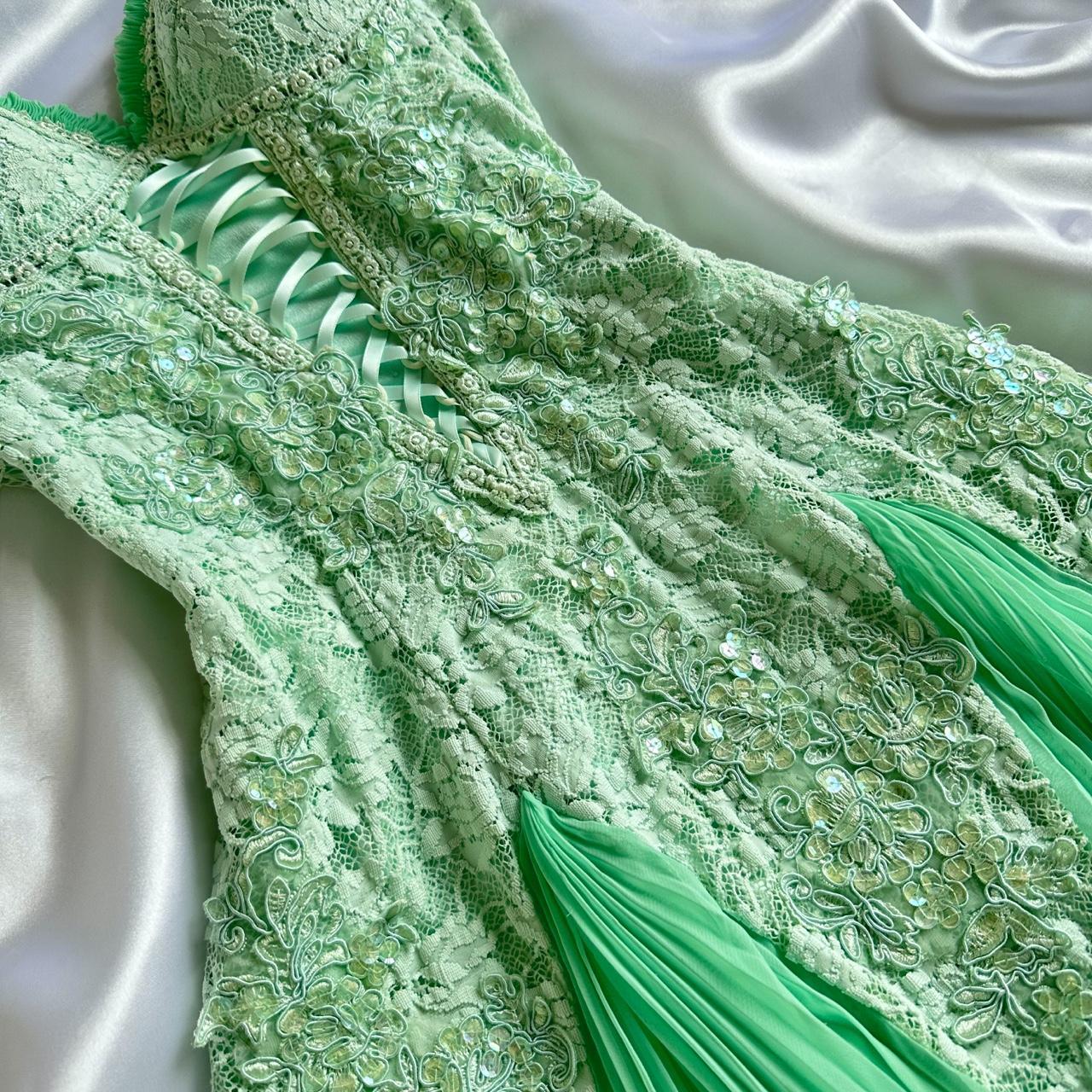 Mint Green Shiny Charming Stunning Unique Fashion Beautiful Elegant Delicate Lace Long Lace Sequin Fairy Ball Gown Evening Gown Birthday Party Gown Prom Gown gh3918