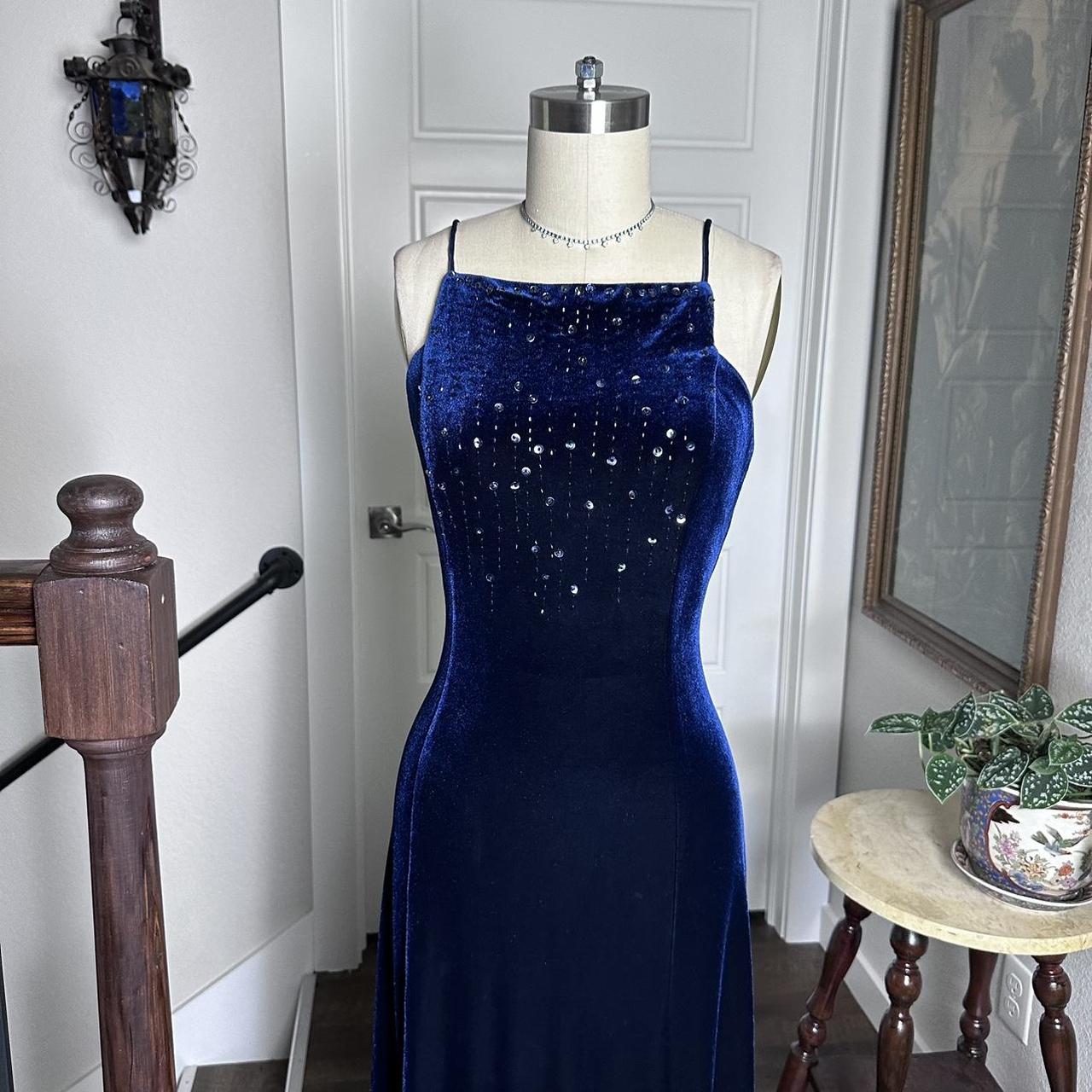 Dark Blue Vintage 90s Velvet Boat Neck Beaded Gown Long Prom Dress Evening Gown Party Dress gh4342