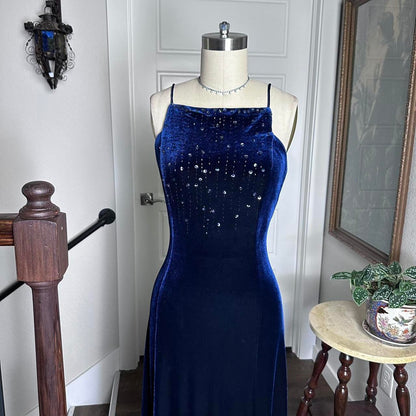 Dark Blue Vintage 90s Velvet Boat Neck Beaded Gown Long Prom Dress Evening Gown Party Dress gh4342