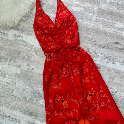 Red gorgeous exquisite beaded long chiffon sling real beautiful flowers wedding guest dress dating dress graduation dress gh4518