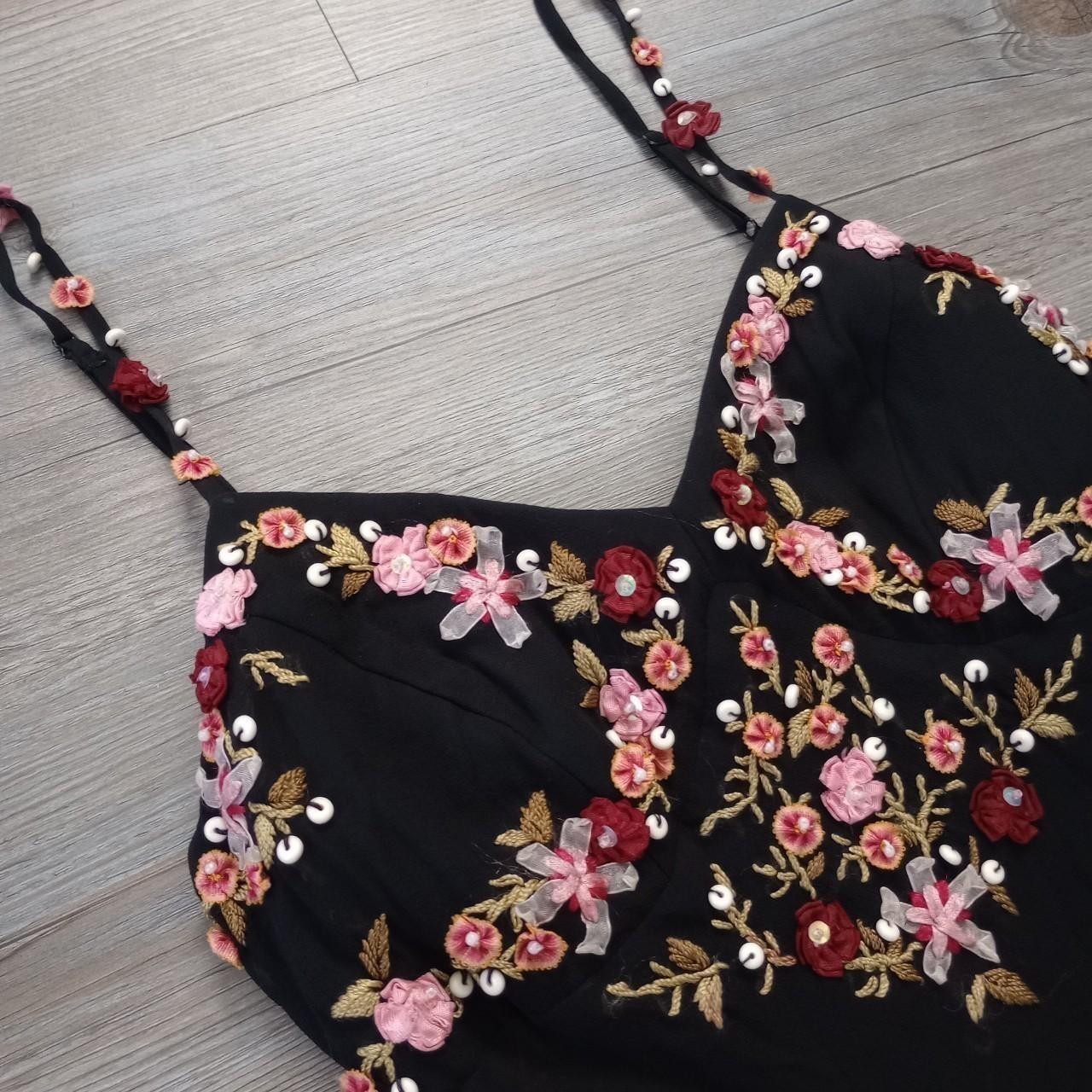 Black stylish elegant pink delicate floral beading embroidery spaghetti strap long chiffon ruffles prom dress evening dress party dress gh3569