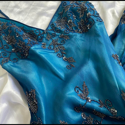 Dark blue gorgeous flowing vintage beautiful elegant delicate floral beaded spaghetti strap long chiffon ball gown evening dress party dress prom dress gh3903