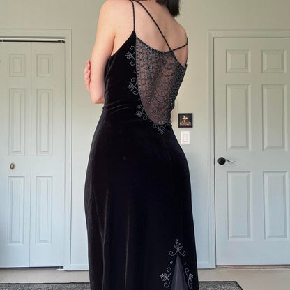 Vintage Black Velvet Gorgeous Exquisite Beading Elegant Spaghetti Strap Long Velvet Ball Gown Evening Dress Birthday Party Dress Prom Dress gh3954