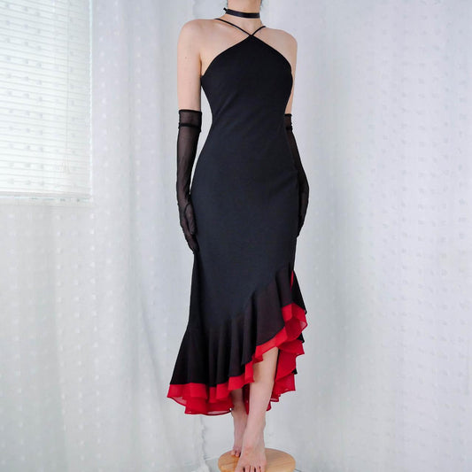 __Black and red vintage ruffled long chiffon tulle gothic homecoming prom dress party dress evening dress gh4295