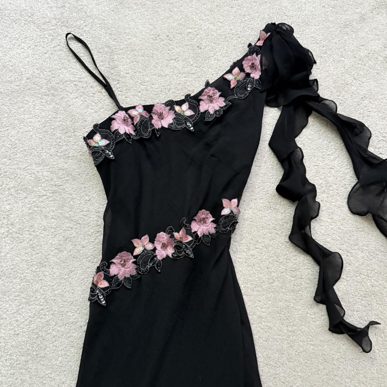 Black Gorgeous Elegant Delicate Pink Embroidered Appliqué Beaded One Shoulder Long Chiffon Ruffled Sequin Ball Gown Birthday Party Dress Evening Gown Prom Gown Holiday Date Night Gown gh4108