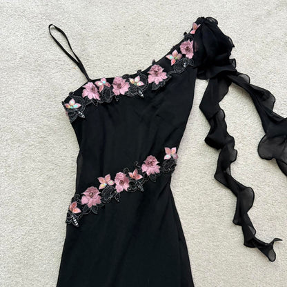 Black Gorgeous Elegant Delicate Pink Embroidered Appliqué Beaded One Shoulder Long Chiffon Ruffled Sequin Ball Gown Birthday Party Dress Evening Gown Prom Gown Holiday Date Night Gown gh4108