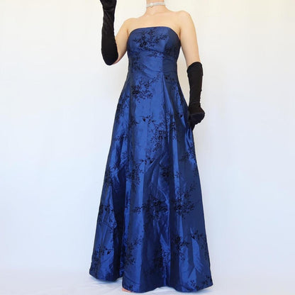 Navy Blue Vintage Floral Long Ball Gown Velvet Prom Trumpet Gown Evening Dress Party Dress gh4350