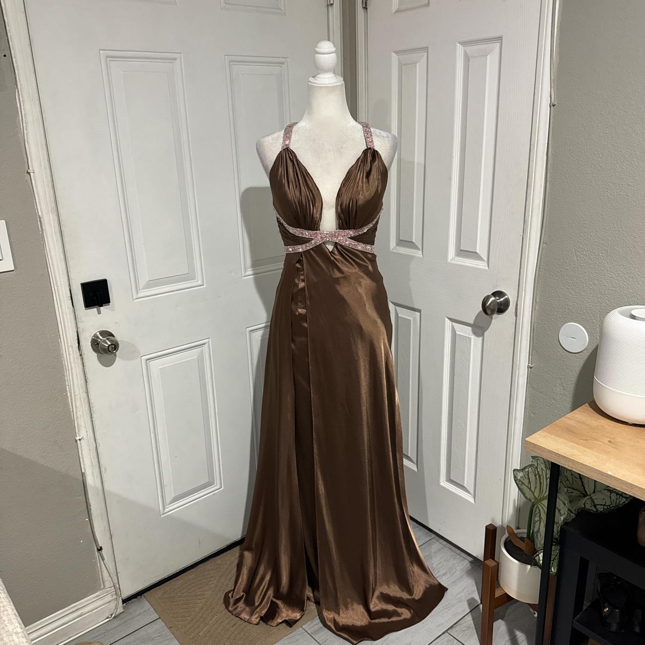 Brown Beaded Elegant Long Satin V Neck Ball Gown Evening Dress Party Dress gh4568