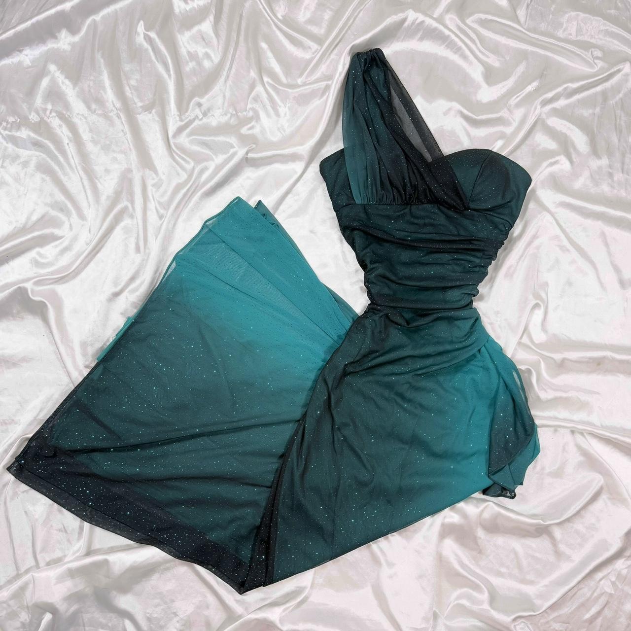 Teal Glitter Fashion Gradient Sweet Elegant Long One Shoulder Chiffon Ball Gown Evening Dress Party Dress Prom Dress Fairy Dress Gothic Dress gh4180