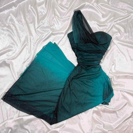 Teal Glitter Fashion Gradient Sweet Elegant Long One Shoulder Chiffon Ball Gown Evening Dress Party Dress Prom Dress Fairy Dress Gothic Dress gh4180