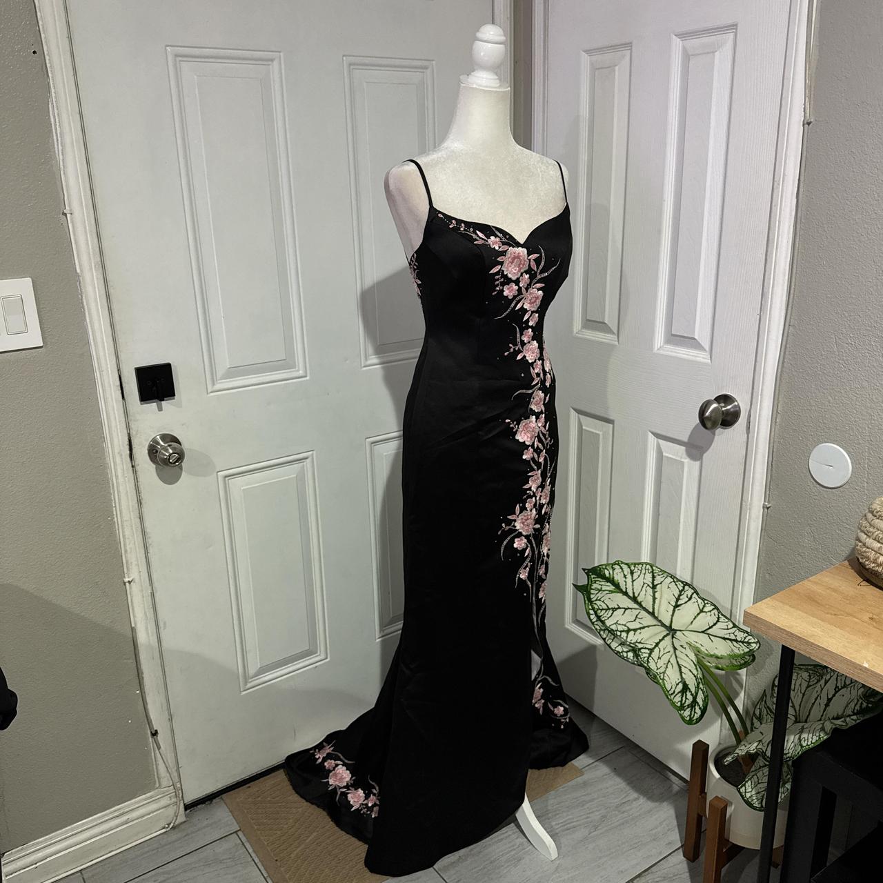 Black pink floral elegant long satin ball gown evening dress party dress gh4569