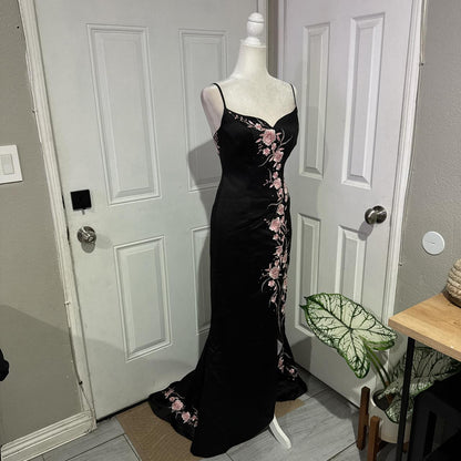 Black pink floral elegant long satin ball gown evening dress party dress gh4569