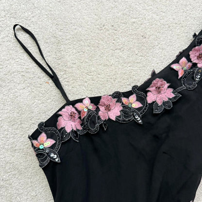 Black Gorgeous Elegant Delicate Pink Embroidered Appliqué Beaded One Shoulder Long Chiffon Ruffled Sequin Ball Gown Birthday Party Dress Evening Gown Prom Gown Holiday Date Night Gown gh4108