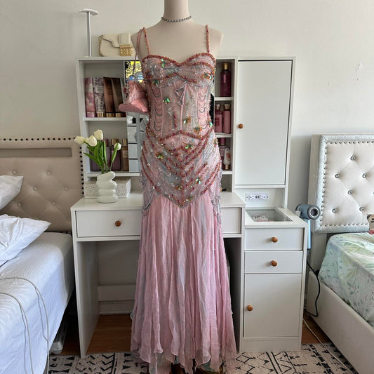 Pale Pink and Blue Flowing Vintage Fashion Mermaid Beaded Bodice Beaded with Sequins Beautiful Unique Glitter Elegant Long Chiffon Tulle Ball Gown Evening Gown Party Dress Prom Gown gh3881