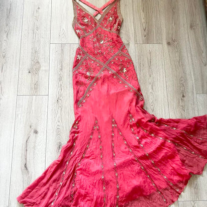 Pink Stunning Vintage Flowing Elegant Delicate Beaded Open Back Long Floor Length Mermaid Style Skirt Satin Ball Gown Evening Gown Birthday Party Gown Prom Gown gh3835