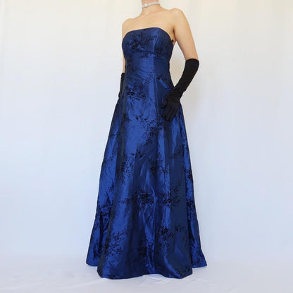 Navy Blue Vintage Floral Long Ball Gown Velvet Prom Trumpet Gown Evening Dress Party Dress gh4350