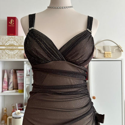 Brown and cream fashionable gradient beautiful unique glitter maxi dress vintage elegant long chiffon tulle ball gown evening dress party dress prom dress gh3879