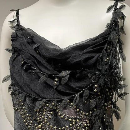 Black Vintage Glam Rock Unique Fashion Beautiful Elegant Exquisite Gold Stud Beads Long Satin Ball Gown Evening Gown Birthday Party Dress Prom Dark Fairy/Black Swan gh3914