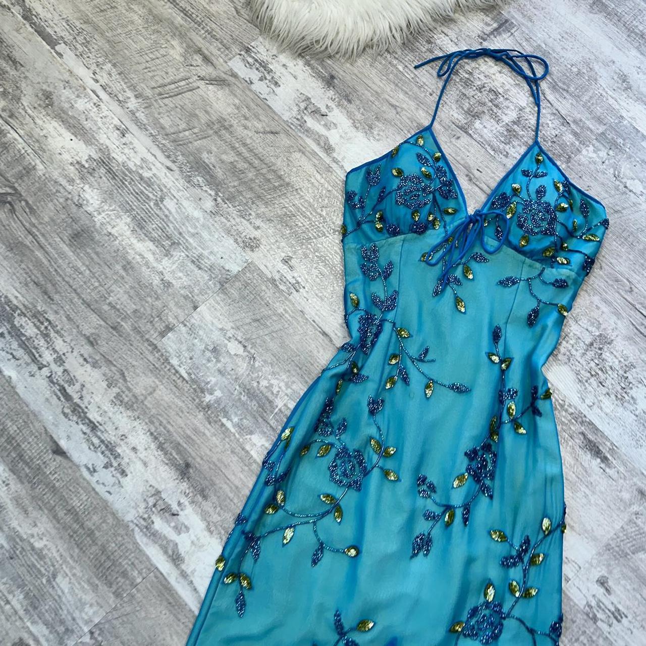 Blue Beaded Floral Long Chiffon Ball Gown Evening Gown Party Dress gh4310