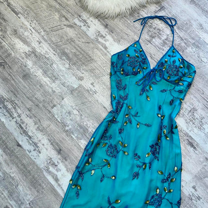 Blue Beaded Floral Long Chiffon Ball Gown Evening Gown Party Dress gh4310