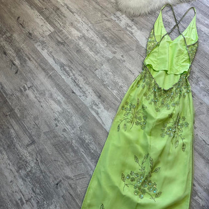 Light Green Vintage Stunning Exquisite Silver Floral Beaded Women's Long Chiffon Evening Dress Party Dress Prom Dress gh4285