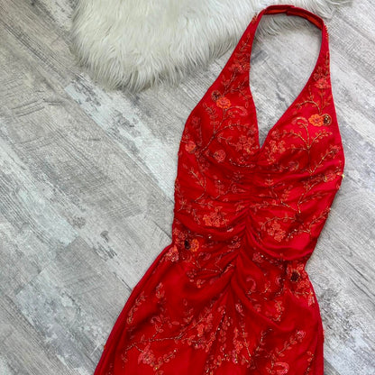 Red gorgeous exquisite beaded long chiffon sling real beautiful flowers wedding guest dress dating dress graduation dress gh4518