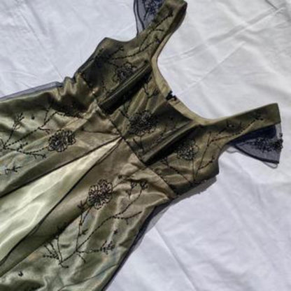 Gold Vintage Fashion Square Neck High Waist Exquisite Floral Beaded Long Short Sleeve Tulle Satin Fairy Regency Ball Gown Prom Dress Evening Dress Birthday Party Dress gh3961