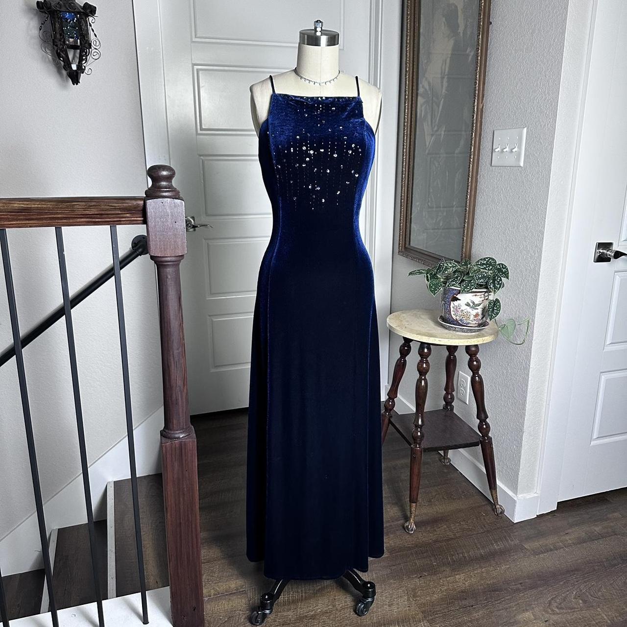 Dark Blue Vintage 90s Velvet Boat Neck Beaded Gown Long Prom Dress Evening Gown Party Dress gh4342