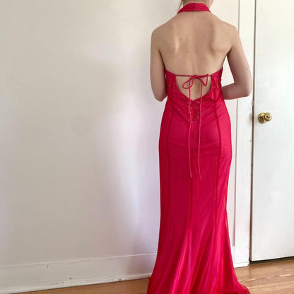 Vintage Fashion Playful and Sexy Bright Pink Deep V Delicate Floral Beaded Halter Long Satin Tulle Fairy Ball Gown Square Neck Prom Dress Evening Gown Birthday Party Dress gh3958