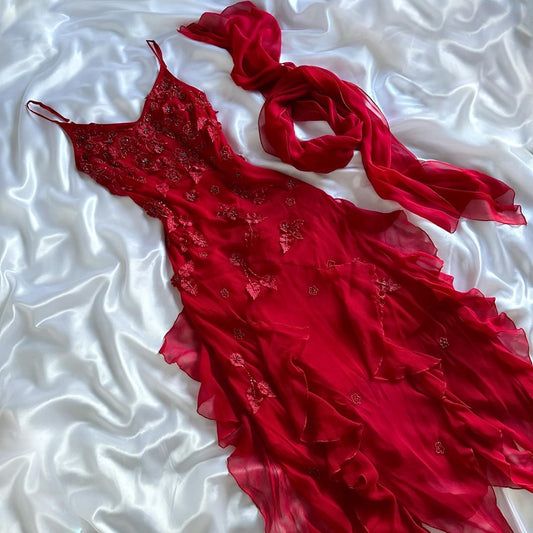 Red gorgeous fashion classy pretty exquisite beaded long chiffon ruffles handmade custom ball gown evening dress party dress gh3548