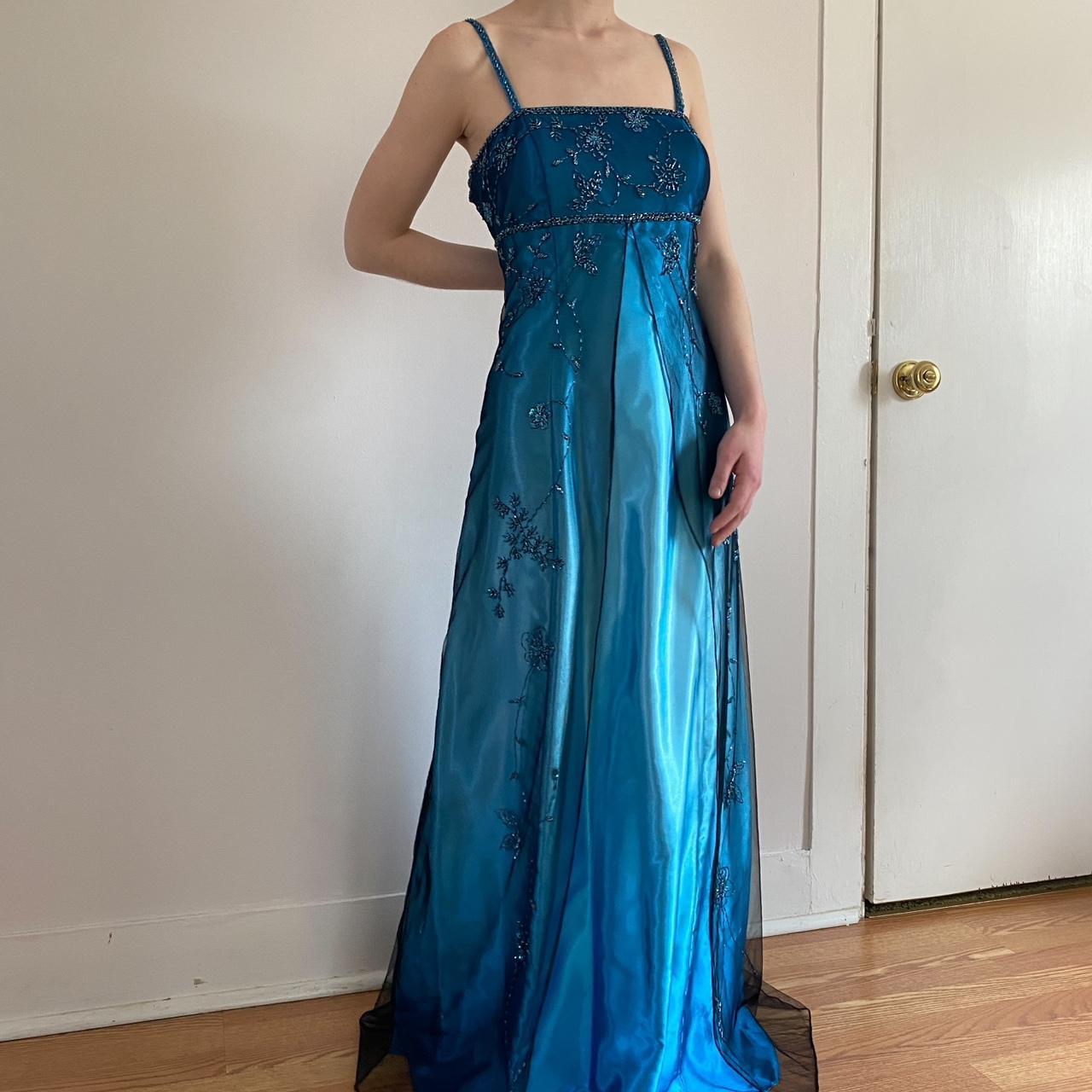 Vintage Fashion Blue Delicate Floral Beaded Ombre Spaghetti Strap Long Satin Tulle Fairy Ball Gown Square Neck Prom Dress Evening Dress Birthday Party Dress gh3957